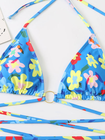 Swimwear- Strappy Wireless Triangle Bra 2 Piece Floral Print String Bikini- - Pekosa Women Clothing