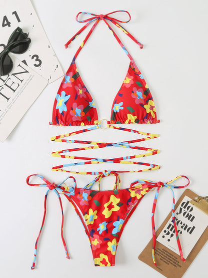 Swimwear- Strappy Wireless Triangle Bra 2 Piece Floral Print String Bikini- - Pekosa Women Clothing