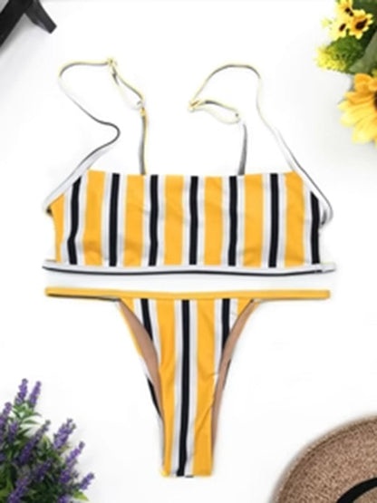 Swimwear- Striped 2 Piece Swimwear - Wireless Bra Top & Micro Bikini Bottoms- - Pekosa Women Clothing