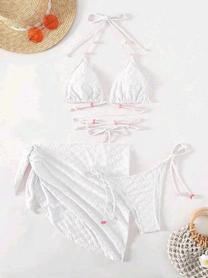 Swimwear- Summer Beach 3-Piece Bikini Swimwear with Wireless Triangle Bra & String Bottoms & Cover-Up- - Pekosa Women Clothing