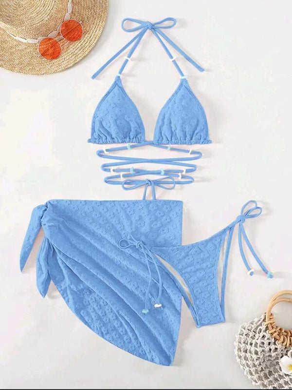 Swimwear- Summer Beach 3-Piece Bikini Swimwear with Wireless Triangle Bra & String Bottoms & Cover-Up- - Pekosa Women Clothing