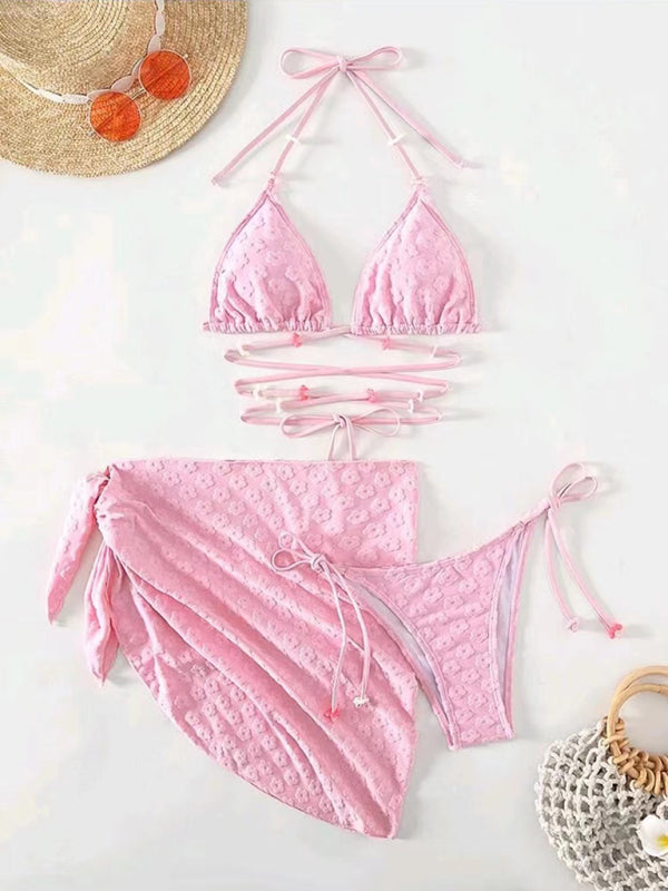 Swimwear- Summer Beach 3-Piece Bikini Swimwear with Wireless Triangle Bra & String Bottoms & Cover-Up- - Pekosa Women Clothing