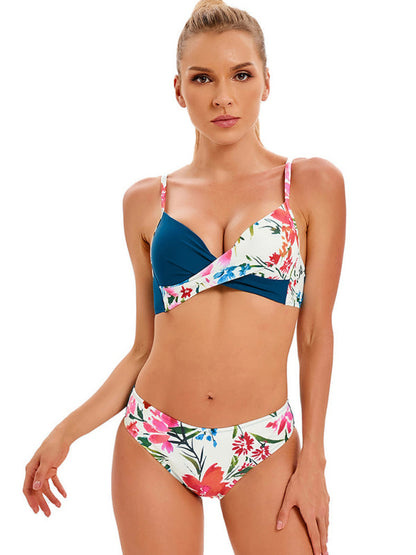 Swimwear- Summer Beach Clasic 2-Piece Floral Bikini Bra and Bottoms- Green black jasper- Pekosa Women Clothing