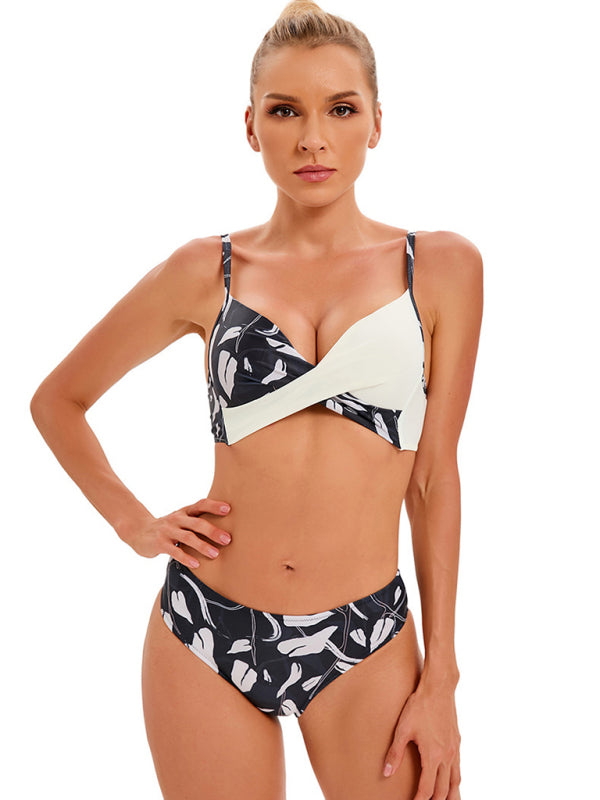 Swimwear- Summer Beach Clasic 2-Piece Floral Bikini Bra and Bottoms- White- Pekosa Women Clothing