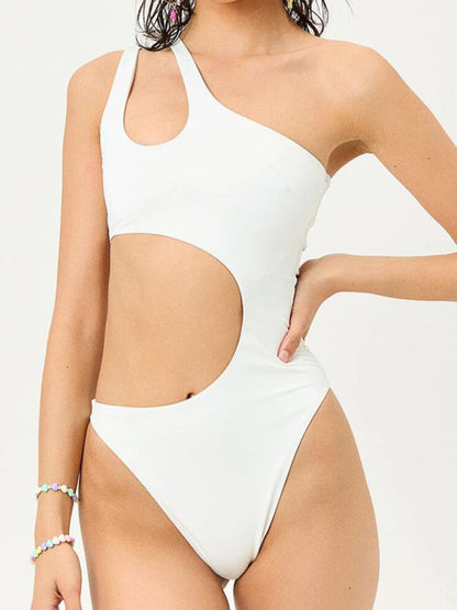 Swimwear- Summer Print One-Piece One-Shoulder Monokini Swimwear- White- Pekosa Women Clothing