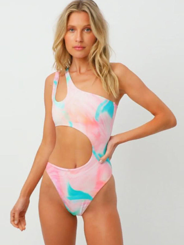 Swimwear- Summer Print One-Piece One-Shoulder Monokini Swimwear- Pink- Pekosa Women Clothing