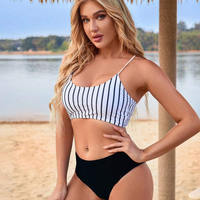 Swimwear- Summer Start with Our Stripe 2-Piece Bikini Set- Black- Pekosa Women Clothing