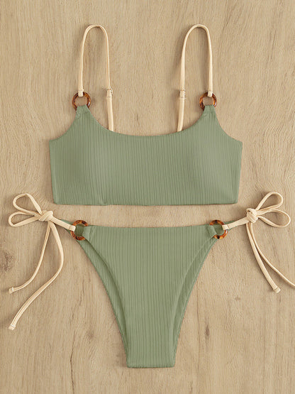 Swimwear- Textured 2 Piece Wireless Ring Bra & Thong Bikini Set- Green- Pekosa Women Clothing