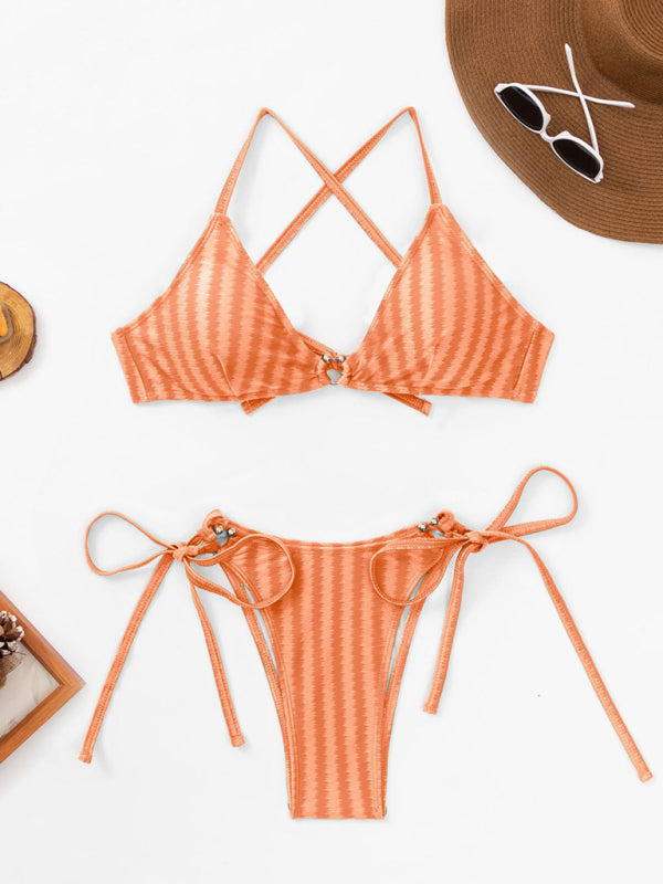 Swimwear- Textured Stripe 2 Piece String Triangle Bra and Tie-Side Bottoms Swimwear- - Pekosa Women Clothing