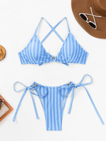 Swimwear- Textured Stripe 2 Piece String Triangle Bra and Tie-Side Bottoms Swimwear- - Pekosa Women Clothing