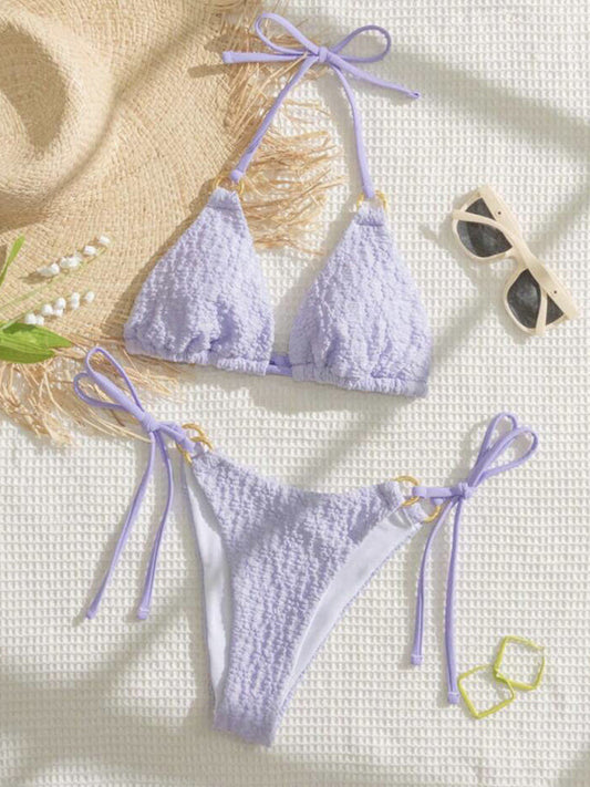 Swimwear- Textured Triangle Bra and Tie-Side Bikini - 2 Piece String Swimwear- Purple- Pekosa Women Fashion
