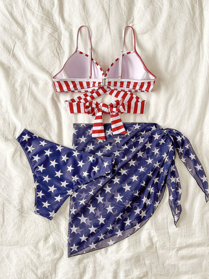 Swimwear- The Patriot 3 Piece Swimwear - Underwire Push-Up Bra & Bikini & American Flag Cover Up- - Pekosa Women Clothing