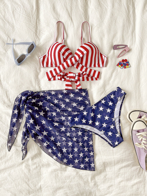 Swimwear- The Patriot 3 Piece Swimwear - Underwire Push-Up Bra & Bikini & American Flag Cover Up- - Pekosa Women Clothing