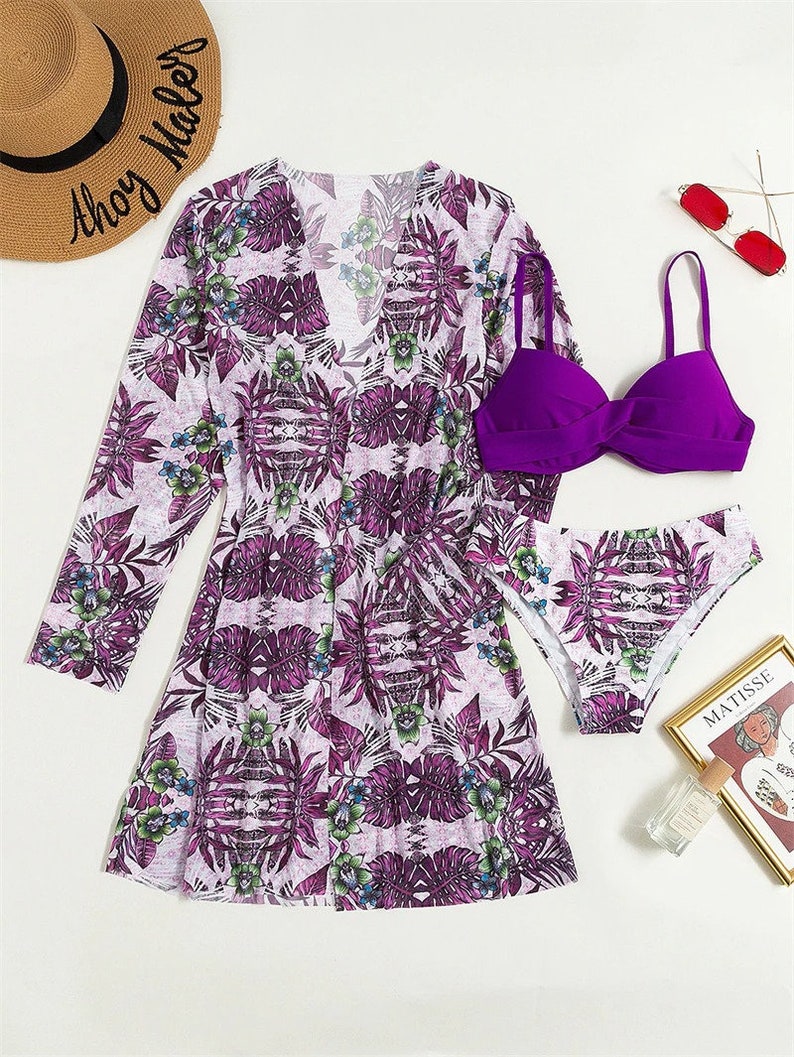 Swimwear - Three Piece Set- Beach Goddess: 3-Piece Underwire Bikini with Floral Cover Up- - Pekosa Women Clothing