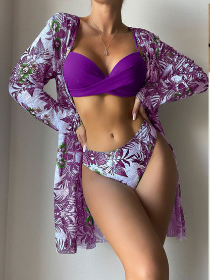 Swimwear - Three Piece Set- Beach Goddess: 3-Piece Underwire Bikini with Floral Cover Up- Purple- Pekosa Women Clothing