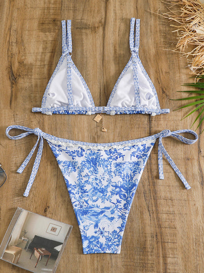 Swimwear- Tie-Side Bikini 2 Piece with Wireless Triangle Bra in Blue Print- - Pekosa Women Clothing