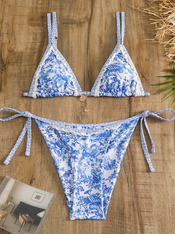 Swimwear- Tie-Side Bikini 2 Piece with Wireless Triangle Bra in Blue Print- - Pekosa Women Clothing