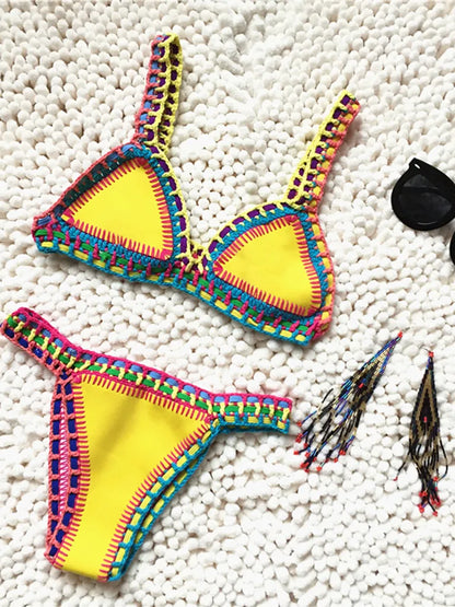 Swimwear- Trendy Women's Crochet 2-Piece Bikini Set: Padded Triangle Bra + Mid Thong- Yellow- Pekosa Women Clothing