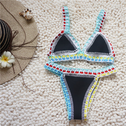 Swimwear- Trendy Women's Crochet 2-Piece Bikini Set: Padded Triangle Bra + Mid Thong- Blue- Pekosa Women Clothing