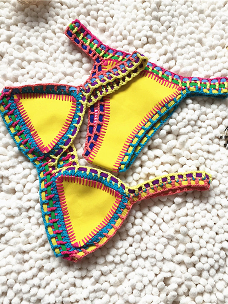 Swimwear- Trendy Women's Crochet 2-Piece Bikini Set: Padded Triangle Bra + Mid Thong- - Pekosa Women Clothing