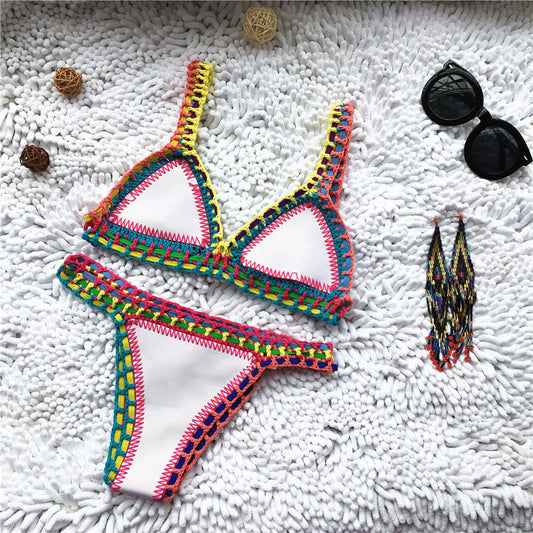 Swimwear- Trendy Women's Crochet 2-Piece Bikini Set: Padded Triangle Bra + Mid Thong- - Pekosa Women Clothing