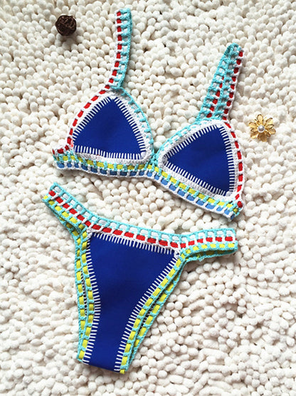 Swimwear- Trendy Women's Crochet 2-Piece Bikini Set: Padded Triangle Bra + Mid Thong- Blue- Pekosa Women Clothing