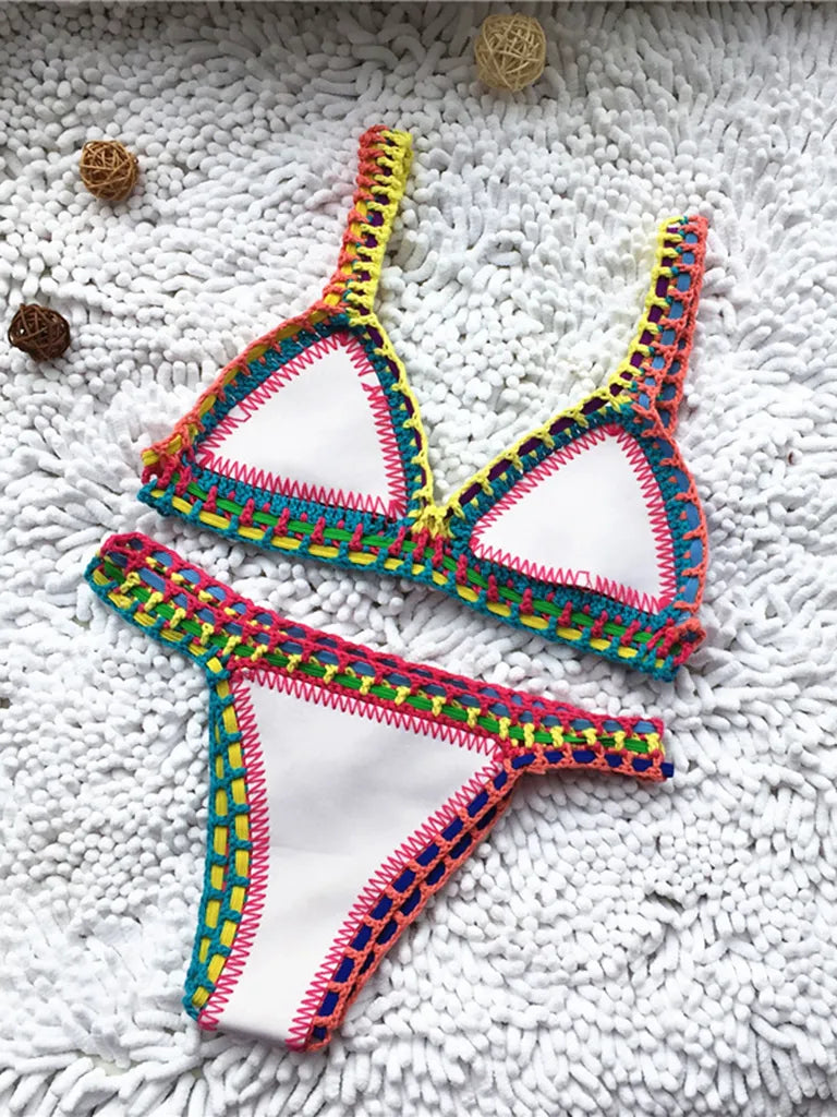 Swimwear- Trendy Women's Crochet 2-Piece Bikini Set: Padded Triangle Bra + Mid Thong- White- Pekosa Women Clothing