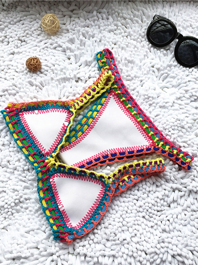 Swimwear- Trendy Women's Crochet 2-Piece Bikini Set: Padded Triangle Bra + Mid Thong- - Pekosa Women Clothing