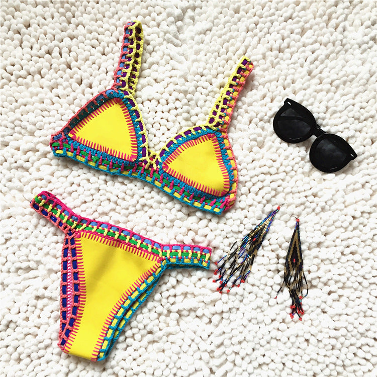 Swimwear- Trendy Women's Crochet 2-Piece Bikini Set: Padded Triangle Bra + Mid Thong- - Pekosa Women Clothing