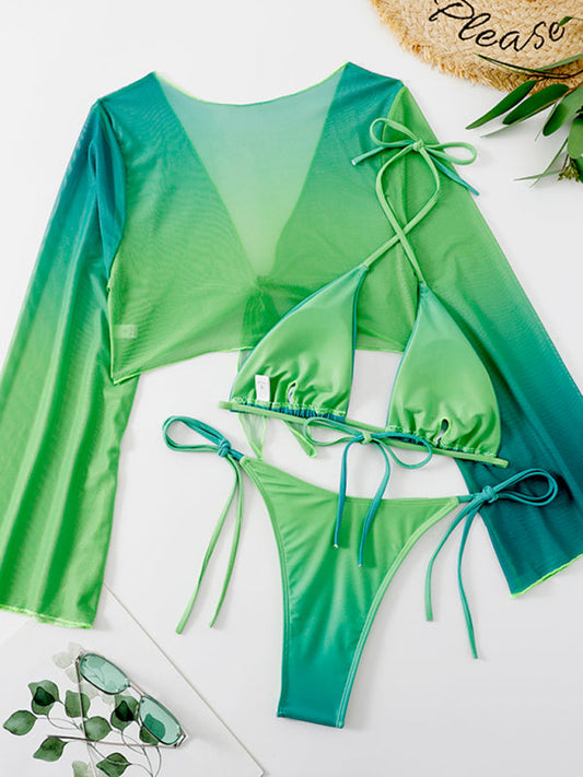 Swimwear- Triangle Bra & Tie-Side Bikini & Topper in Gradient - 3-Piece String Swimwear- Green- Pekosa Women Clothing