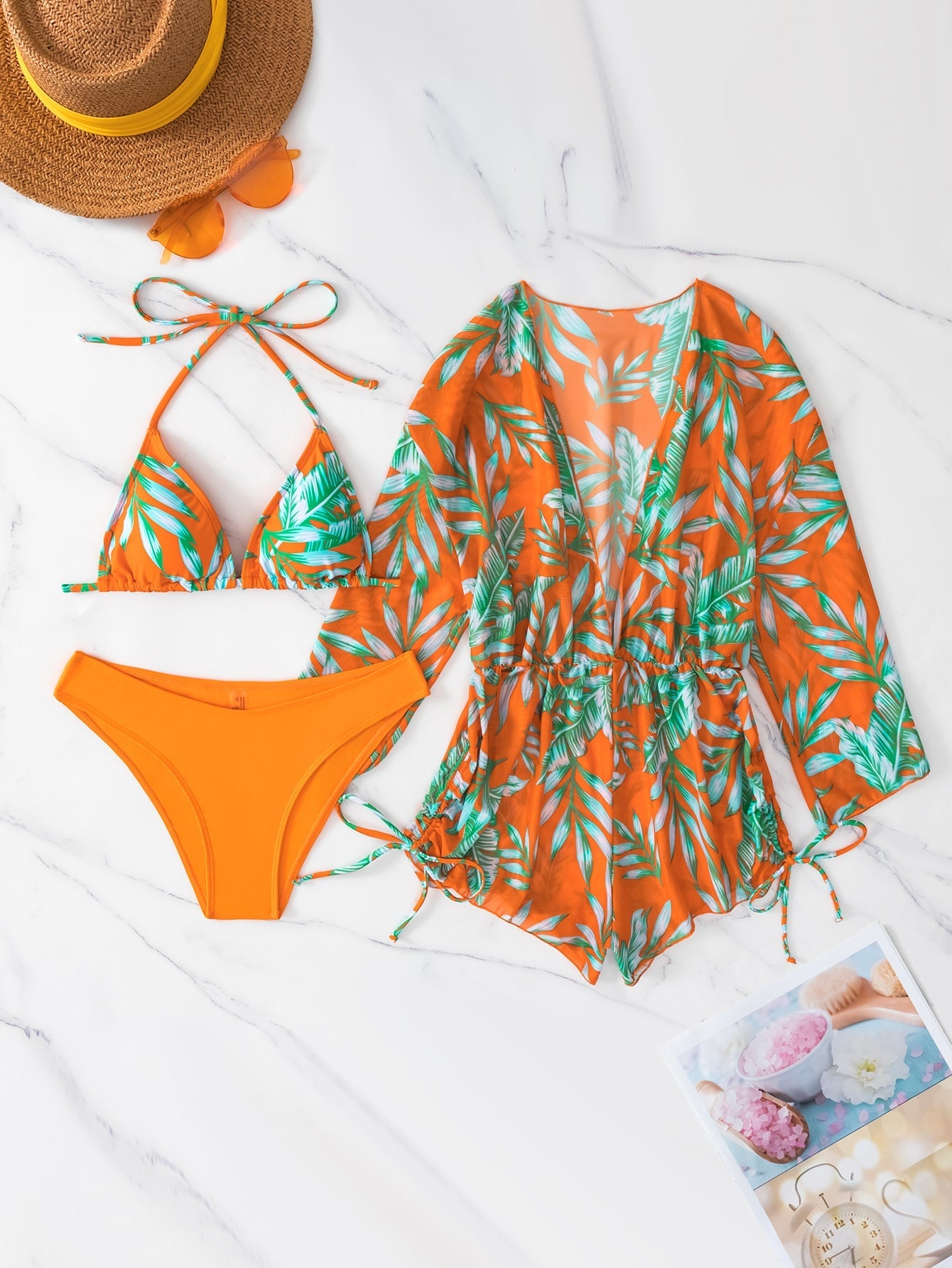 Swimwear- Tropical 3 Piece Bikini Thongs + Wireless Bra + Sheer Romper Cover Up- - Pekosa Women Clothing