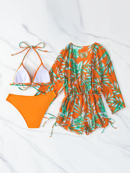 Swimwear- Tropical 3 Piece Bikini Thongs + Wireless Bra + Sheer Romper Cover Up- - Pekosa Women Clothing