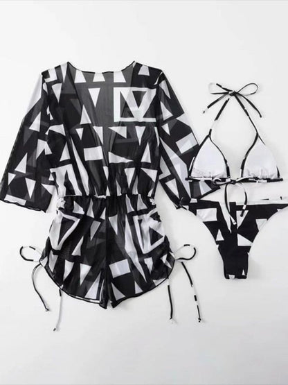 Swimwear- Tropical 3 Piece Bikini Thongs + Wireless Bra + Sheer Romper Cover Up- - Pekosa Women Clothing