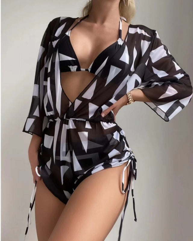 Swimwear- Tropical 3 Piece Bikini Thongs + Wireless Bra + Sheer Romper Cover Up- Black- Pekosa Women Clothing