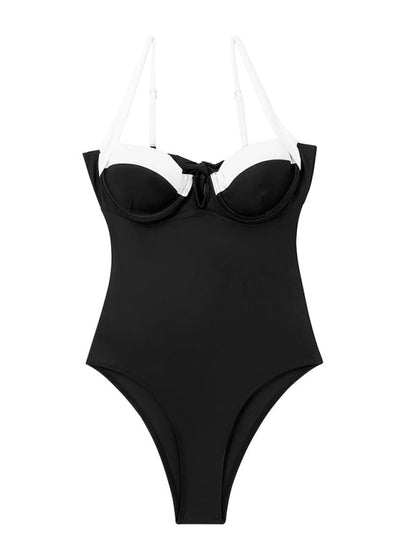 Swimwear- Vintage Black & White Backless Push-Up One Piece Swimwear- - Pekosa Women Clothing