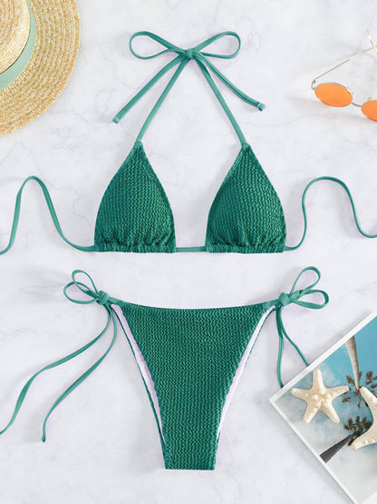 Swimwear- Wireless Triangle Bra & Textured Tie-Side Bikini - 2 Piece String Swimwear- Green- Pekosa Women Clothing