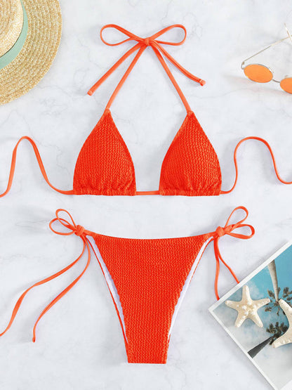 Swimwear- Wireless Triangle Bra & Textured Tie-Side Bikini - 2 Piece String Swimwear- Orange- Pekosa Women Clothing