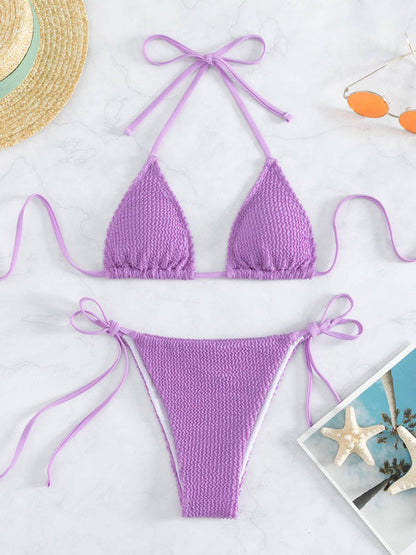 Swimwear- Wireless Triangle Bra & Textured Tie-Side Bikini - 2 Piece String Swimwear- - Pekosa Women Clothing