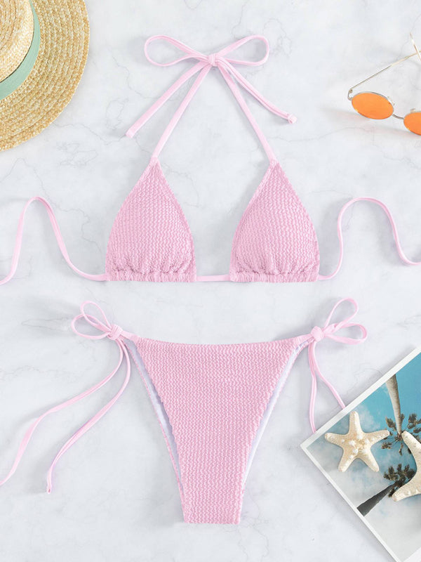 Swimwear- Wireless Triangle Bra & Textured Tie-Side Bikini - 2 Piece String Swimwear- Pink- Pekosa Women Clothing