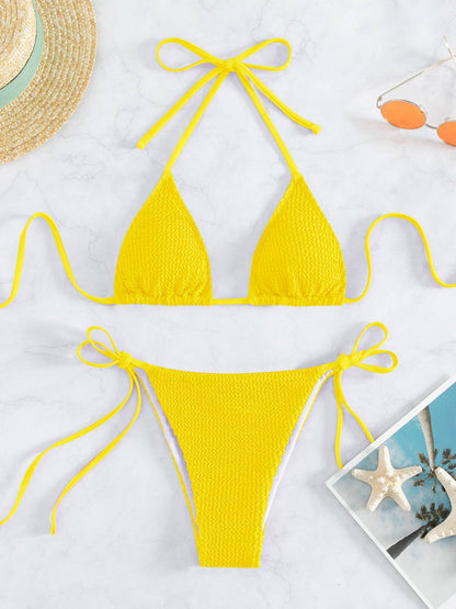 Swimwear- Wireless Triangle Bra & Textured Tie-Side Bikini - 2 Piece String Swimwear- Yellow- Pekosa Women Clothing