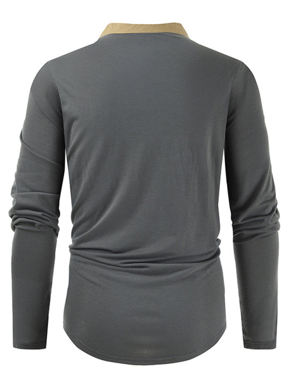 T-Shirts- Cotton Blend Men's Henley Neck Long Sleeve Tee with Buttons- - Pekosa Women Clothing