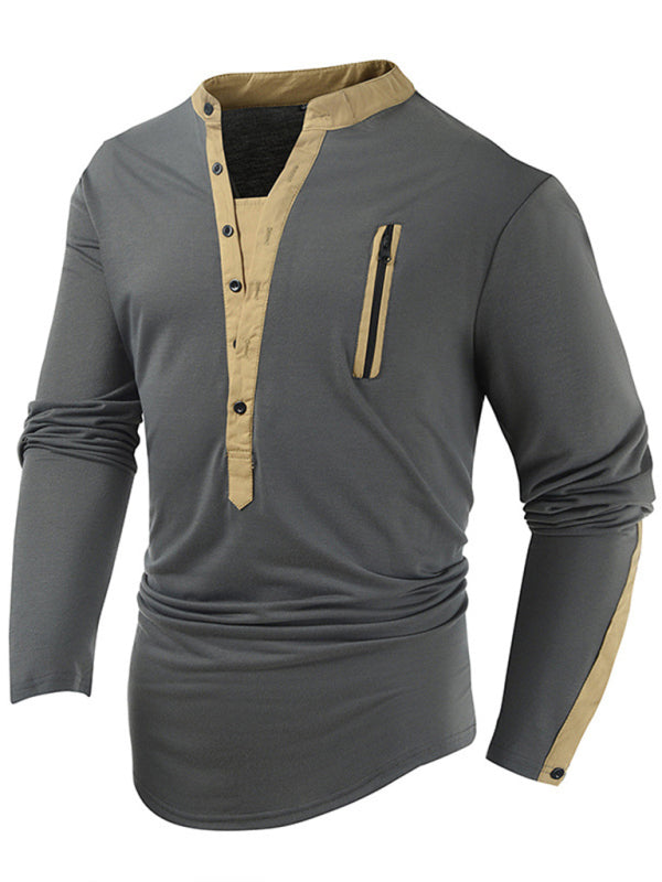 T-Shirts- Cotton Blend Men's Henley Neck Long Sleeve Tee with Buttons- - Pekosa Women Clothing