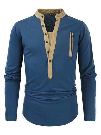 T-Shirts- Cotton Blend Men's Henley Neck Long Sleeve Tee with Buttons- Blue- Pekosa Women Clothing