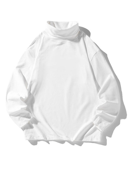 T-Shirts- Cozy Mock Neck Men's Solid Fleece Warmer Long Sleeve T-Shirt- White- Pekosa Women Clothing
