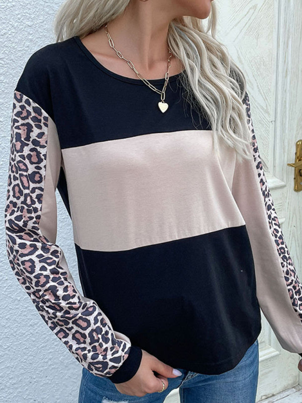 T-Shirts- Fierce Leopard Print Tee - Patchwork Long Sleeve Top- - Pekosa Women Clothing