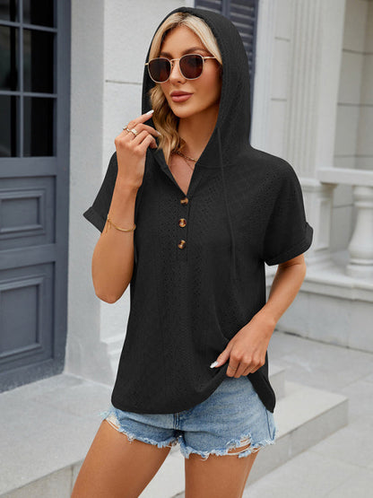 T-Shirts- Half-Buttoned Hooded T-Shirt | Short-Sleeved Textured Top- - Pekosa Women Clothing