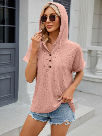 T-Shirts- Half-Buttoned Hooded T-Shirt | Short-Sleeved Textured Top- - Pekosa Women Clothing