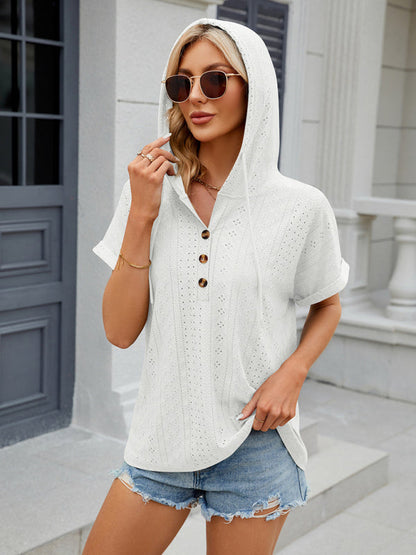 T-Shirts- Half-Buttoned Hooded T-Shirt | Short-Sleeved Textured Top- - Pekosa Women Clothing