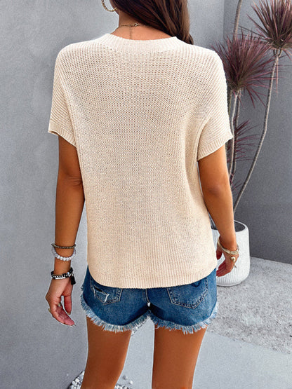 T-Shirts- Knitted Crew Neck Tee - Lightweight Short Sleeve Top- - Pekosa Women Clothing