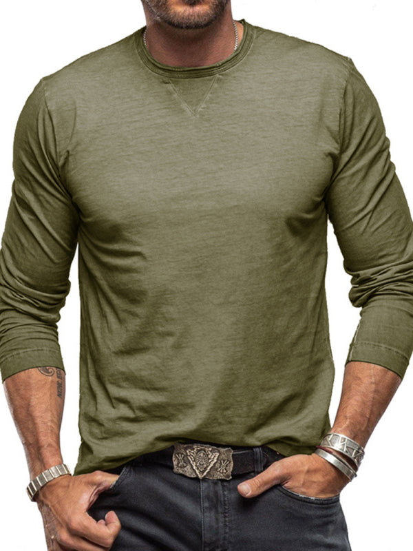 T-Shirts- Men's Crew Neck Long Sleeve Cotton Tee- Pale green- Pekosa Women Clothing